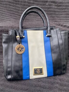 Christian Lacroix Black, Blue & Cream Stripe Tote with Gold Accents